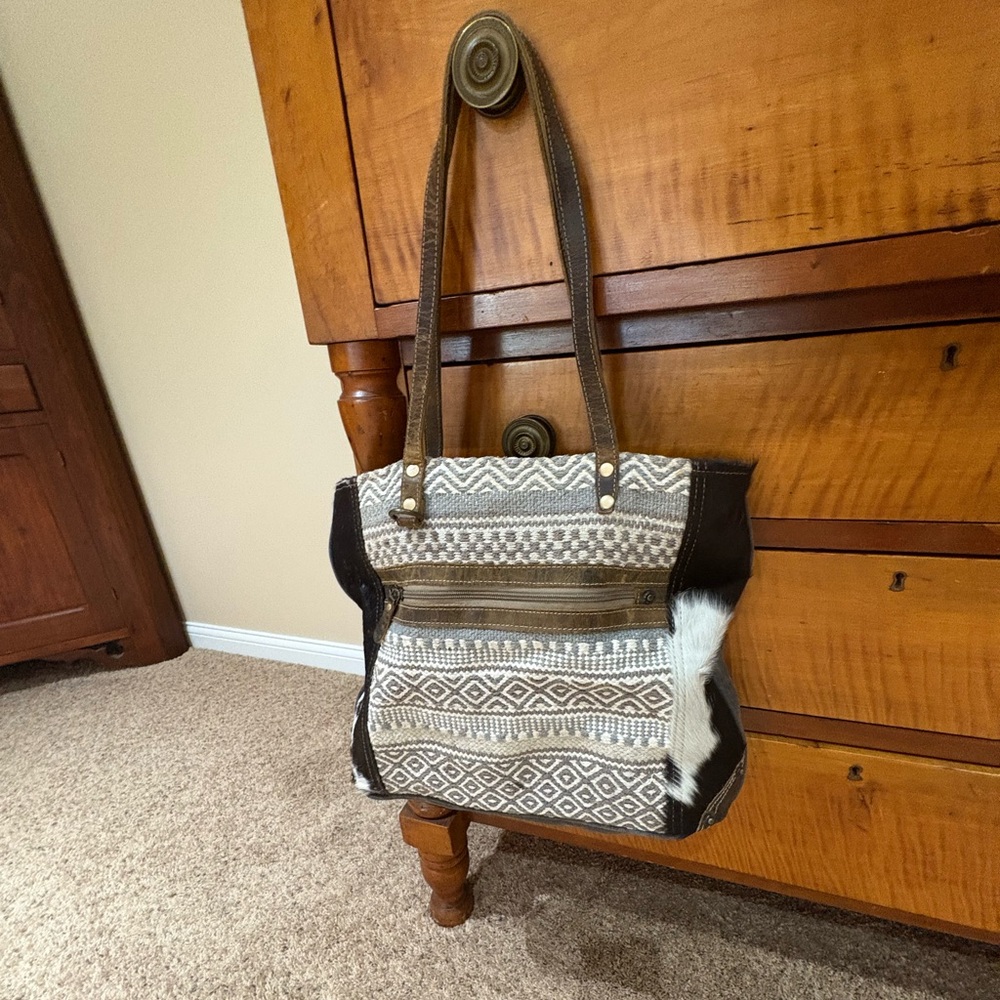 Large Myra Bag Hair-On Multi Patterned Leather Handle Large Tote Mixed Media